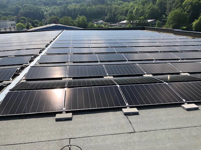 Solaranlage auf einem Dach mit grüner Waldkulisse im Hintergrund, sonnig und reflektierend.